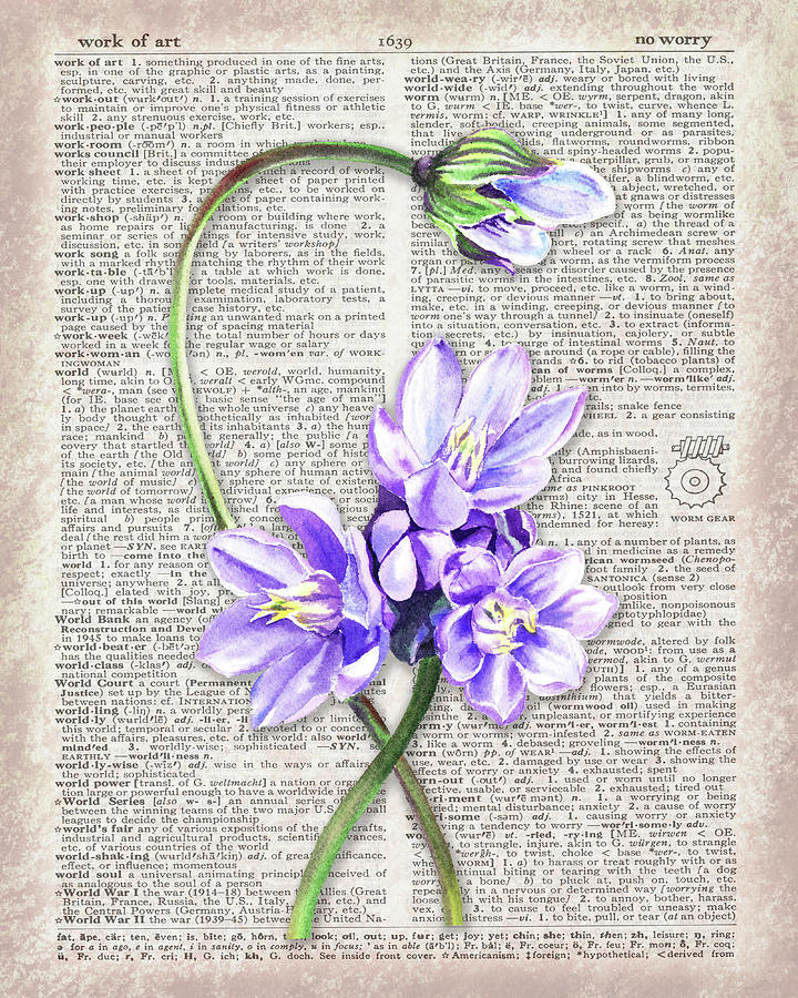 Purple Flowers Dictionary Page Watercolor Art Painting