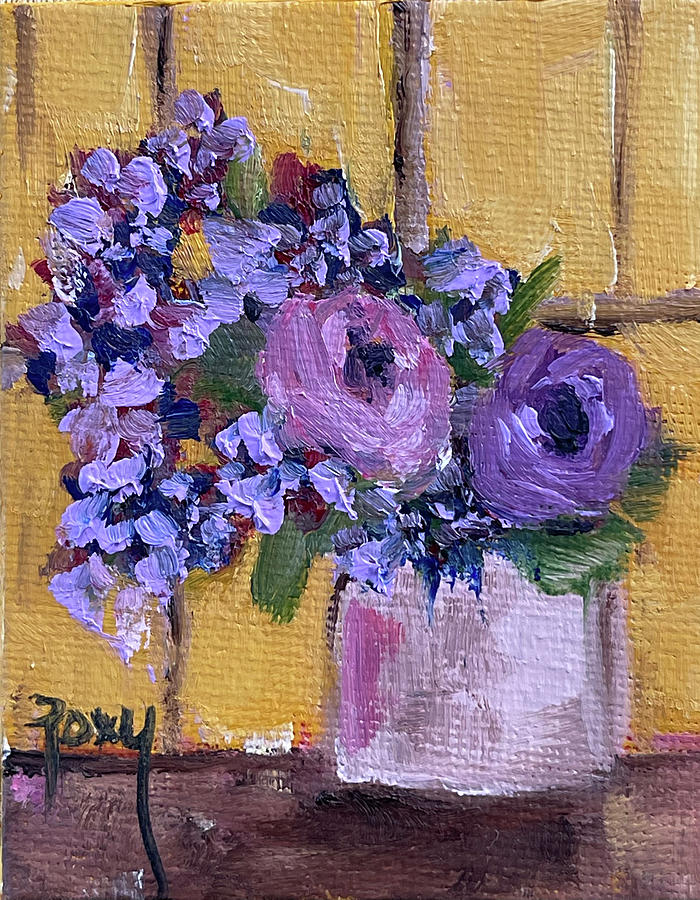 Purple Flowers in a Vase Painting by Roxy Rich