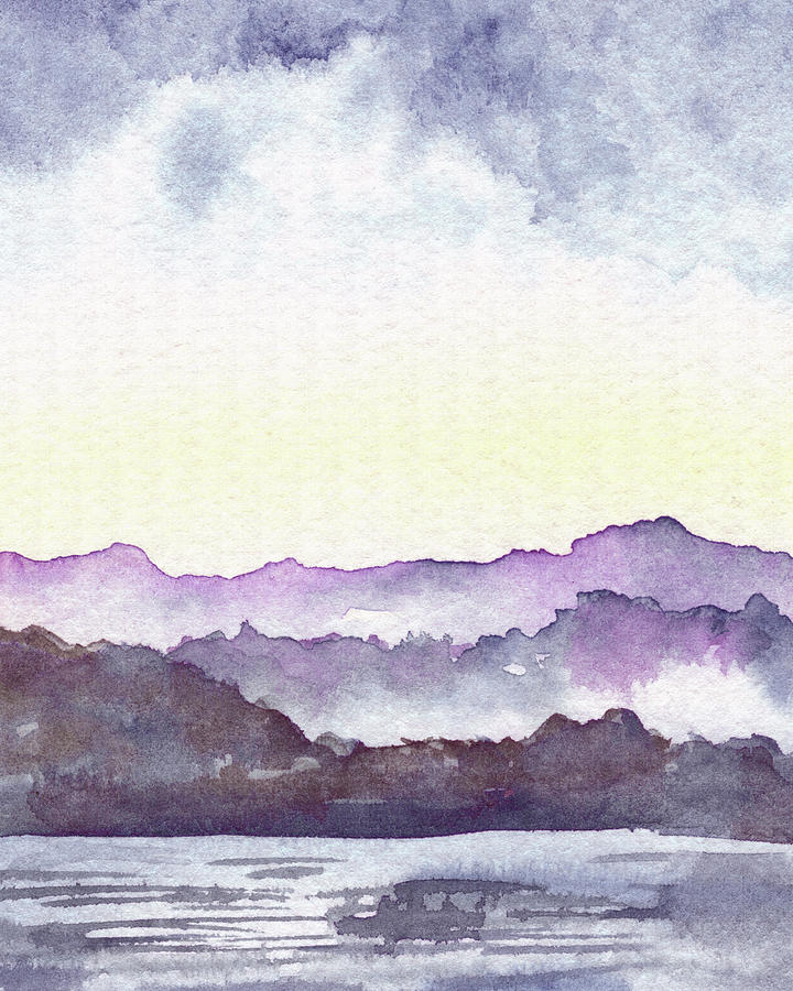 Purple Glow Watercolor Landscape With Hills And River Painting by Irina Sztukowski