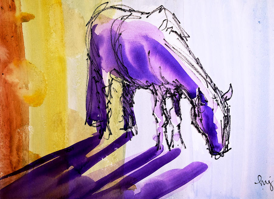 Abstract Drawing - Purple horse grazing watercolor painting by Mike Jory