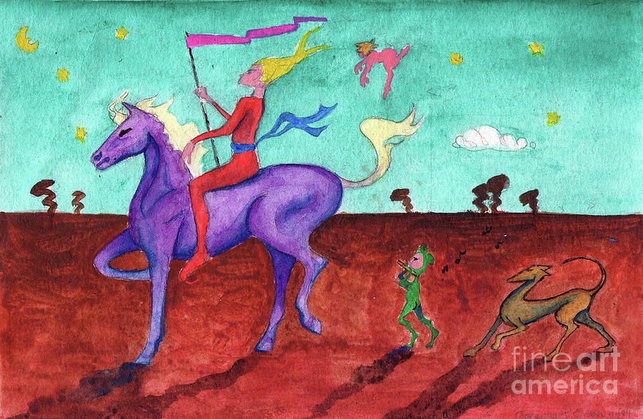 Elf Painting - Purple Horse Rider With Pink Flag by Genevieve Esson