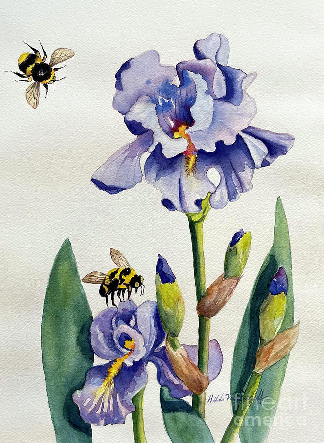 Purple Iris And Bees Painting