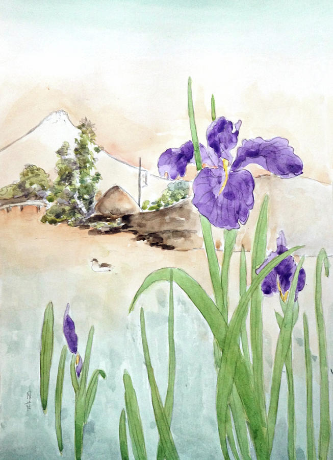 purple iris and mount Fuji Japanese woodblock arts Painting by Color Color