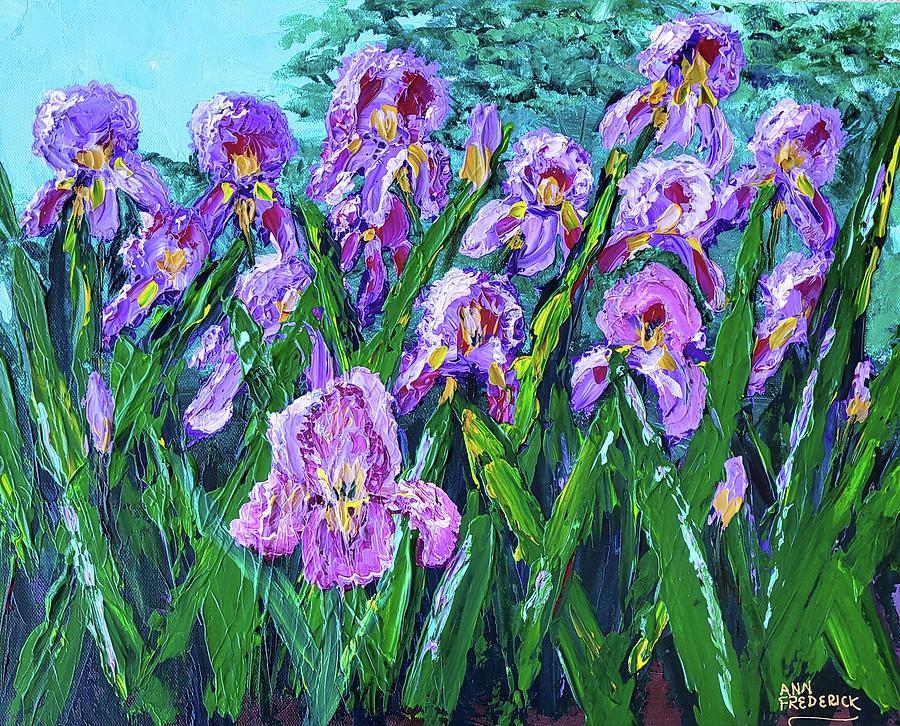 Purple Iris Garden Painting by Ann Frederick