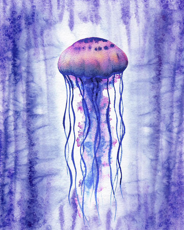 Purple Jellyfish In The Deep Ocean Watercolor Painting