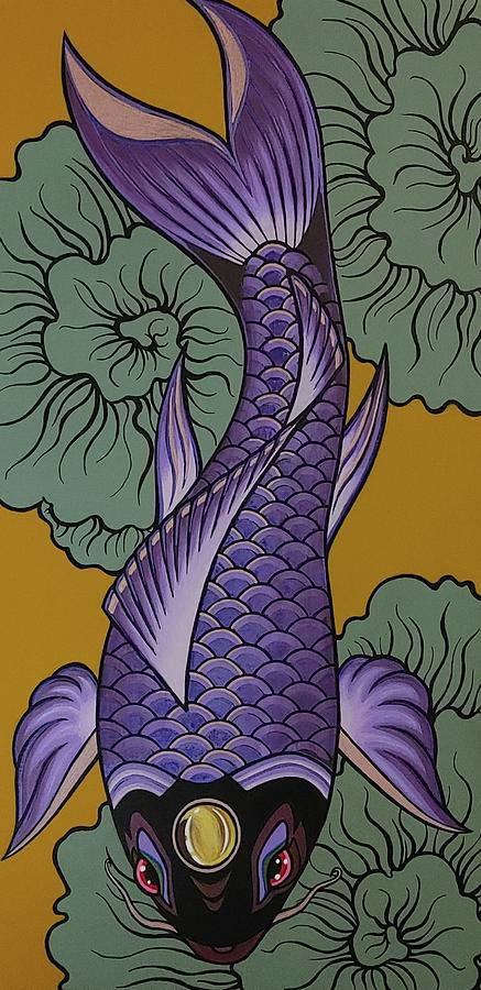Purple Koi fish with pale green Thought Flowers  Painting by Bryon Stewart
