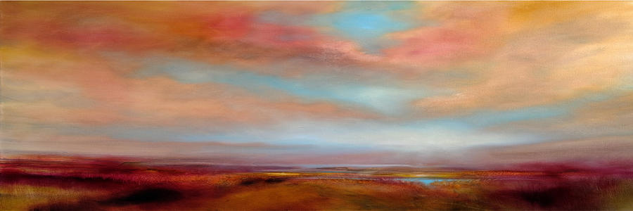 Purple landscape and golden skies Painting by Annette Schmucker