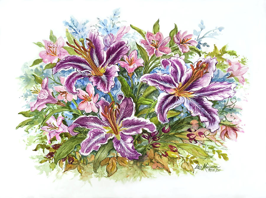 Purple Lily Bouquet  Painting by Lois Mountz