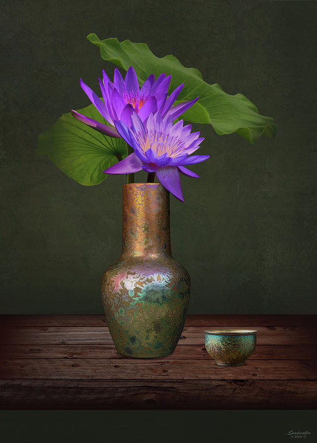 Purple Lotus Flowers in Vase Digital Art by Spadecaller