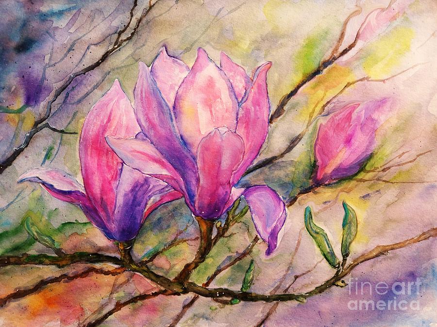 Purple Magnolia Flowers  Painting by Amalia Suruceanu