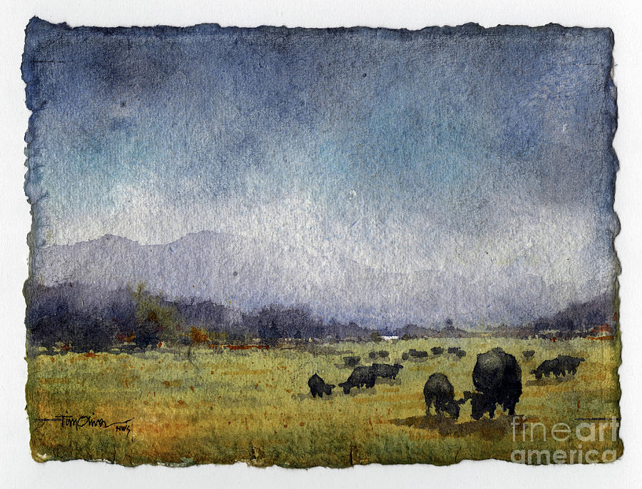 Purple Mountains Green Grass and Black Cows Painting by Tim Oliver