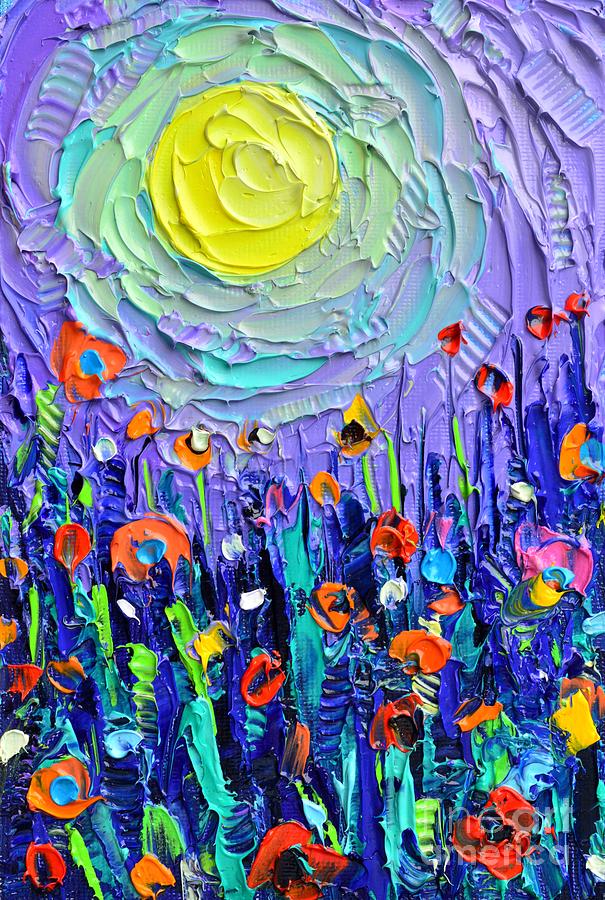 PURPLE NIGHT MEADOW BY MOON abstract wildflowers palette knife oil painting Ana Maria Edulescu Painting by Ana Maria Edulescu