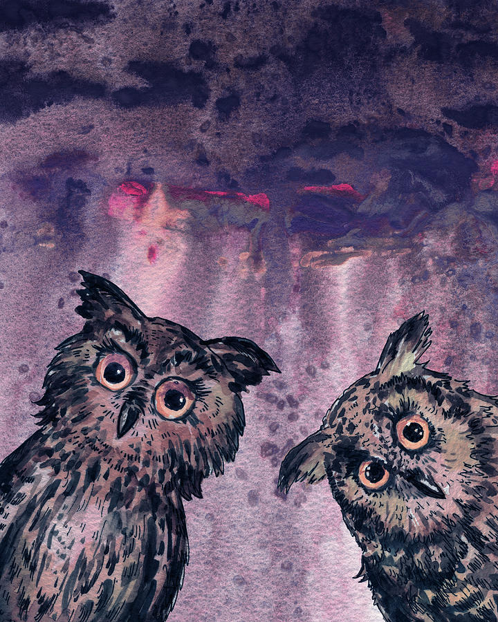 Purple Night Two Watercolor Owl Birds  Painting by Irina Sztukowski