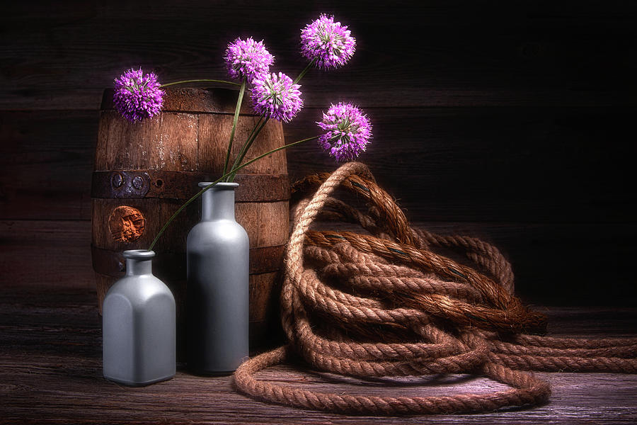 Onion Photograph - Purple Onion Flowers with Wine Keg by Tom Mc Nemar
