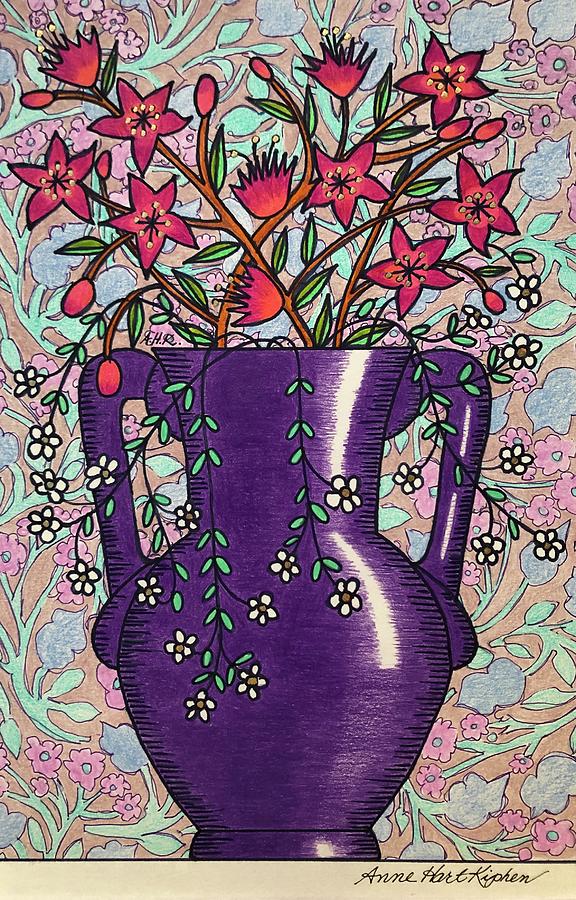 Vase Mixed Media - Purple Pot and Star Flowers by Anne Hart Kiphen