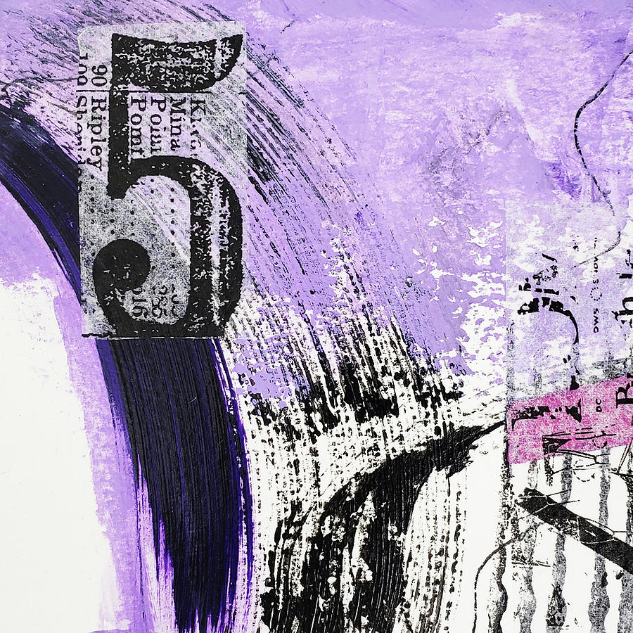 PURPLE RAIN Abstract Collage Purple Lavender Black White Number 5 Mixed Media by Lynnie Lang