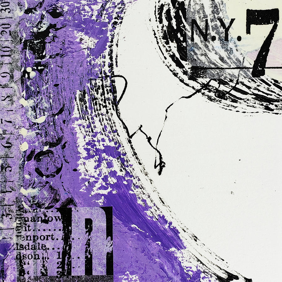 PURPLE RAIN II Abstract Collage in Purple Black White Words Number 7 Mixed Media by Lynnie Lang