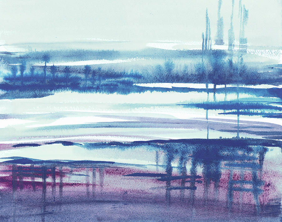 Purple Reflections Mellow Sky Ultramarine Blue Waves Abstract Painting by Irina Sztukowski