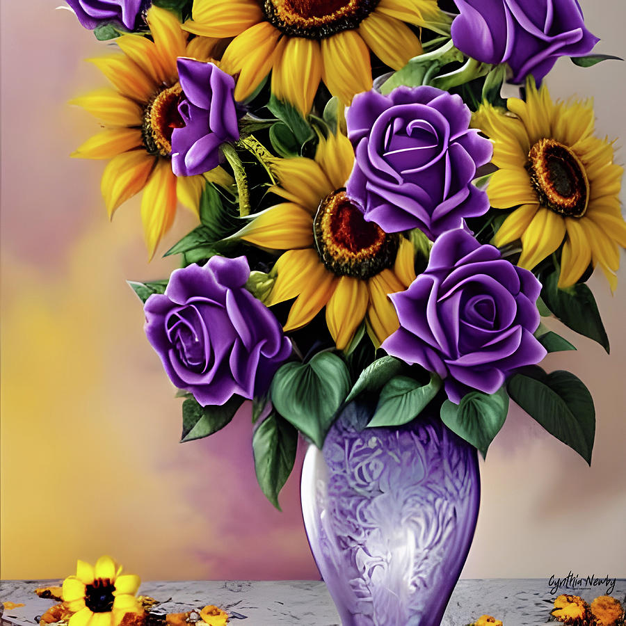 Purple Roses and Sunflowers Digital Art by Cindys Creative Corner