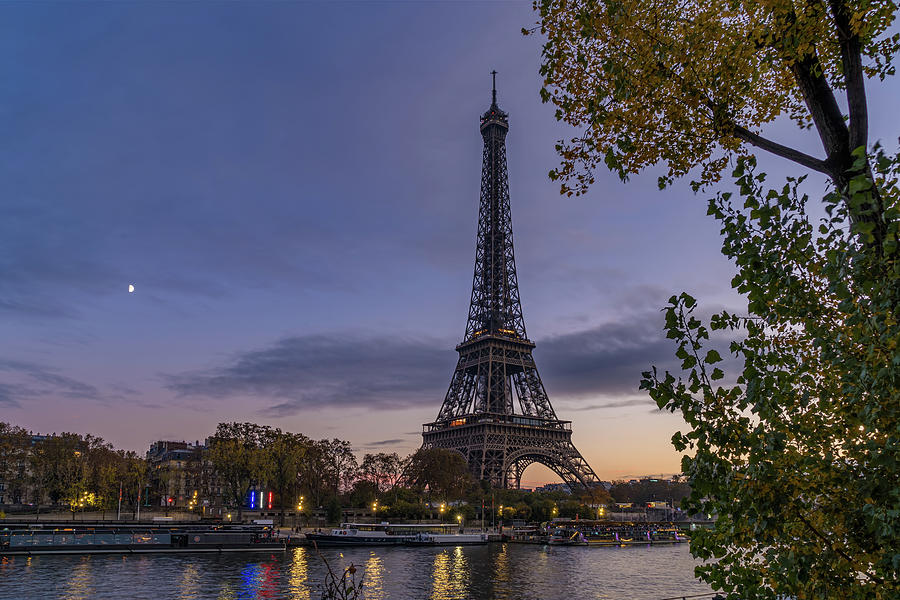 Purple Sky in Paris at Twilight Sunset Over Eiffel Tower With Moon and ...