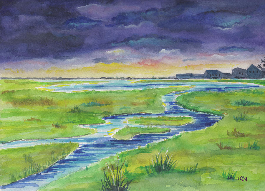 Purple Sky Marsh Painting by Clara Sue Beym