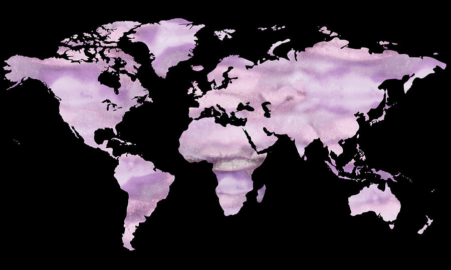 Purple Stone Watercolor World Map Silhouette Rock Art  Painting by Irina Sztukowski