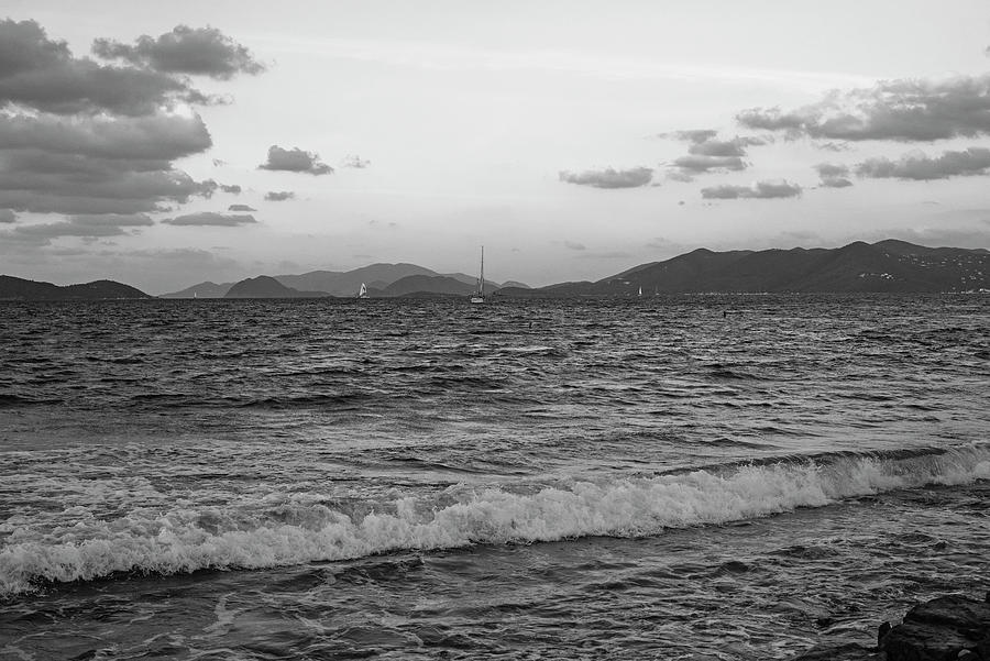 Purple Sunset over Saint John from Sapphire Beach in Saint Thomas Sailboat Black and White Photograph by Toby McGuire