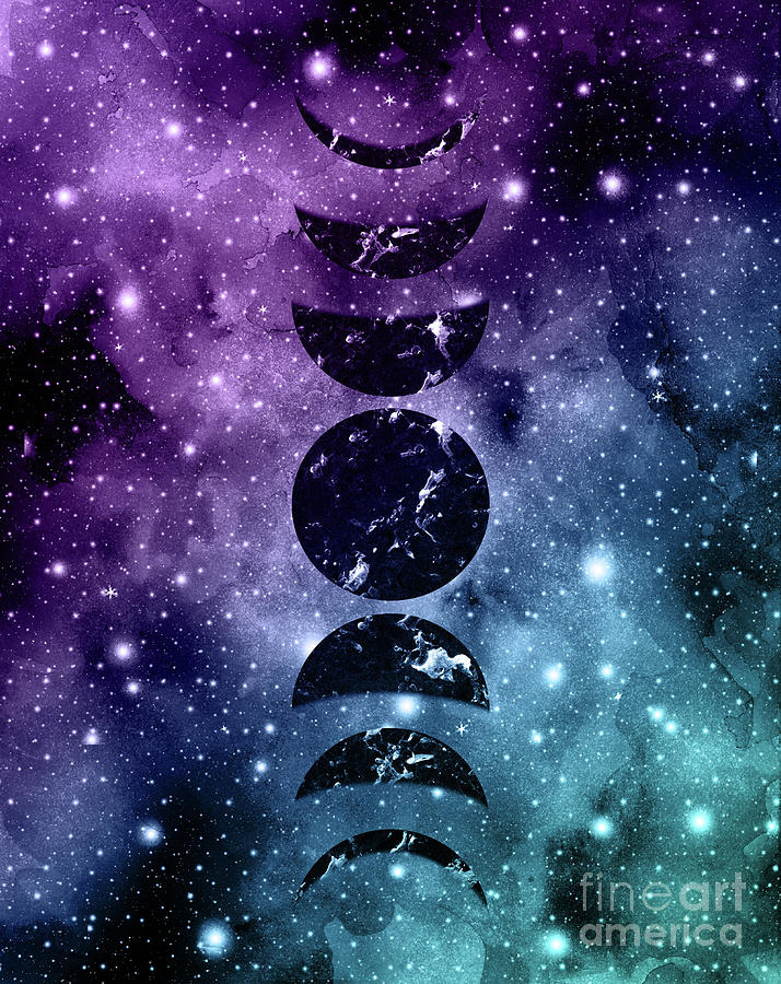 Abstract Digital Art - Purple Teal Galaxy Nebula Dream Moon Phases #1 #decor #art  by Anitas and Bellas Art