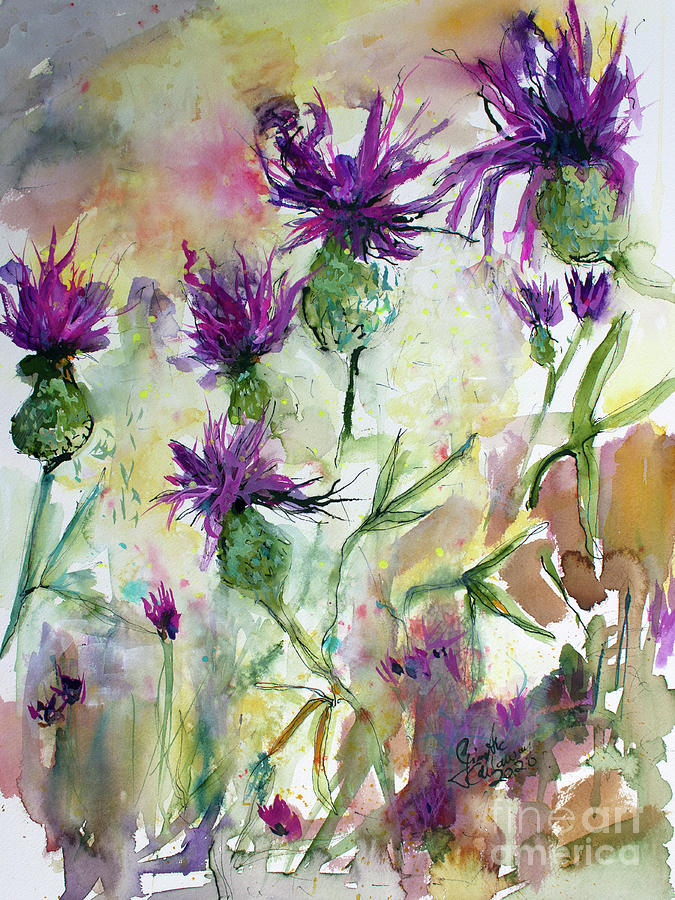 Purple Thistles Painting Watercolors and Ink Art Painting by Ginette Callaway