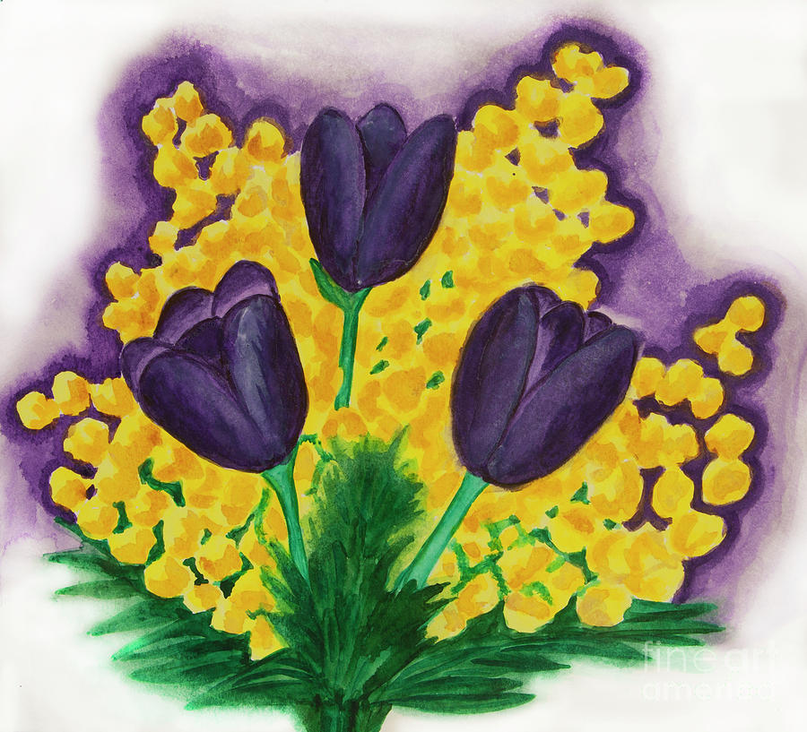 Purple tulips and mimosa Painting by Irina Afonskaya