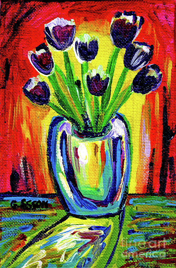 Purple Tulips In Green Vase Painting by Genevieve Esson