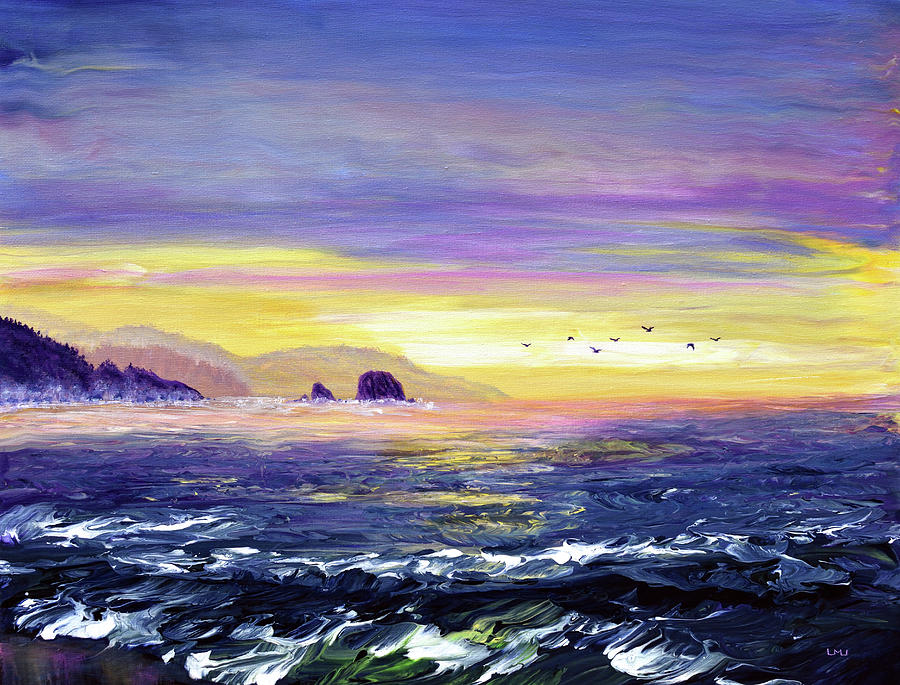 Purple Twilight Over the Oregon Coast Painting by Laura Iverson