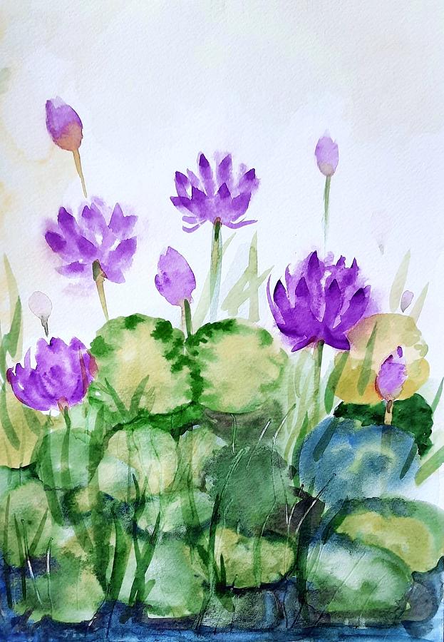 Purple water lilies Painting by Asha Sudhaker Shenoy
