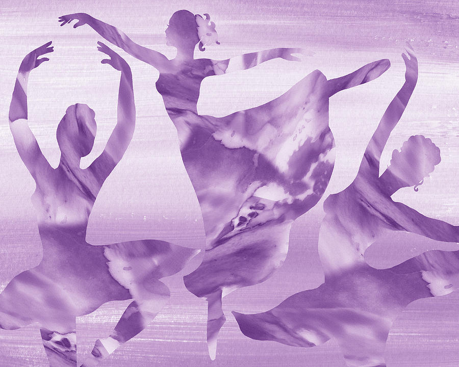 Purple Watercolor Spinning Ballerinas Silhouettes I Painting by Irina Sztukowski