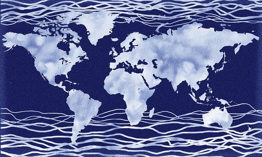 Purple Watercolor Waves World Map Silhouette  Painting by Irina Sztukowski