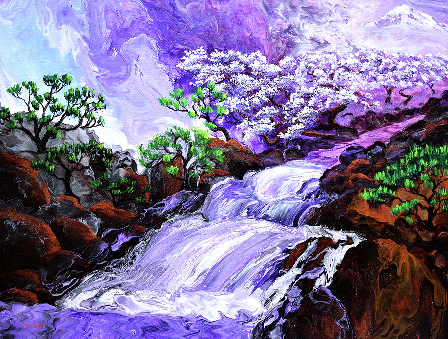 Purple Waterfall And Distant Mountain Painting