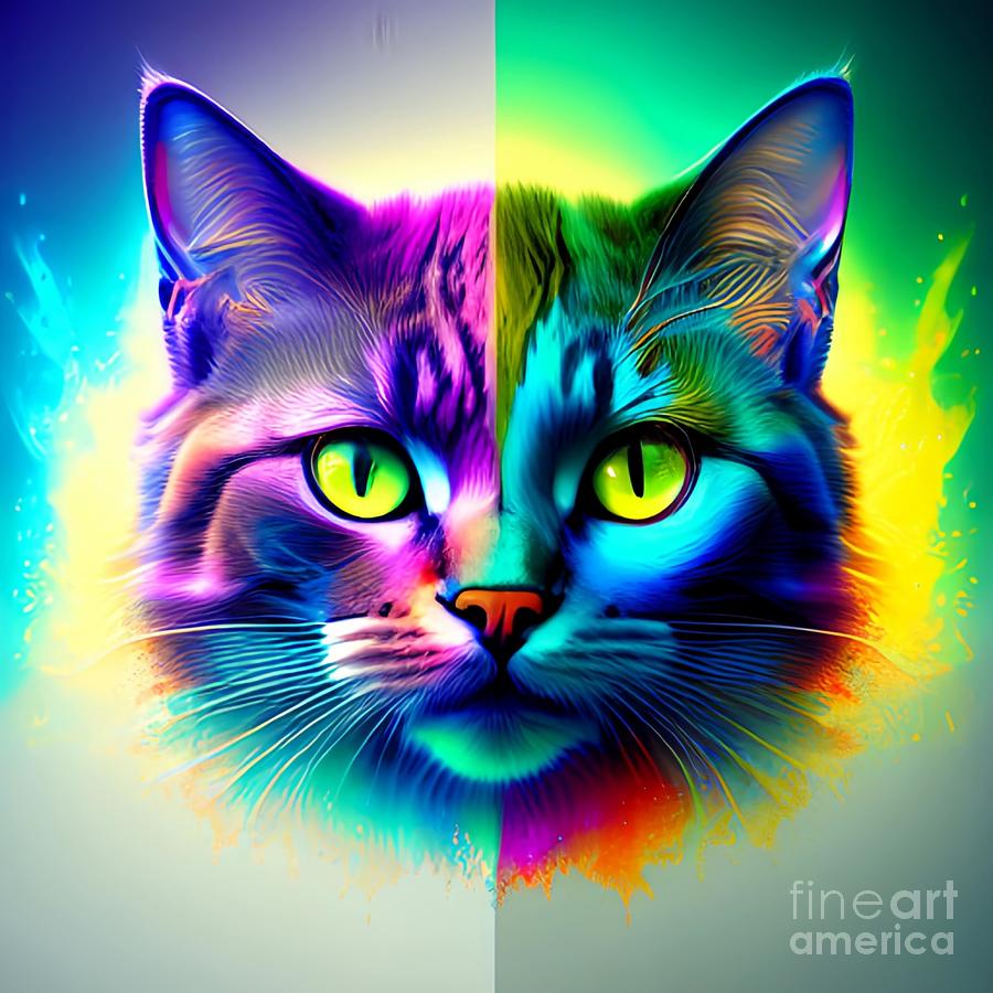 Purr-fectly Adorable - Colorful Cat Face Art Mixed Media by Artvizual Premium