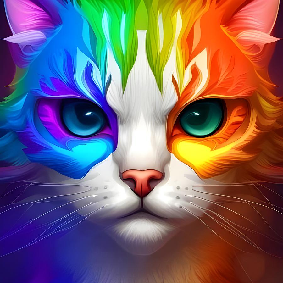 Purrfectly Colorful - Rainbow Color Cat Art That Celebrates Whimsy Digital Art by Artvizual Premium