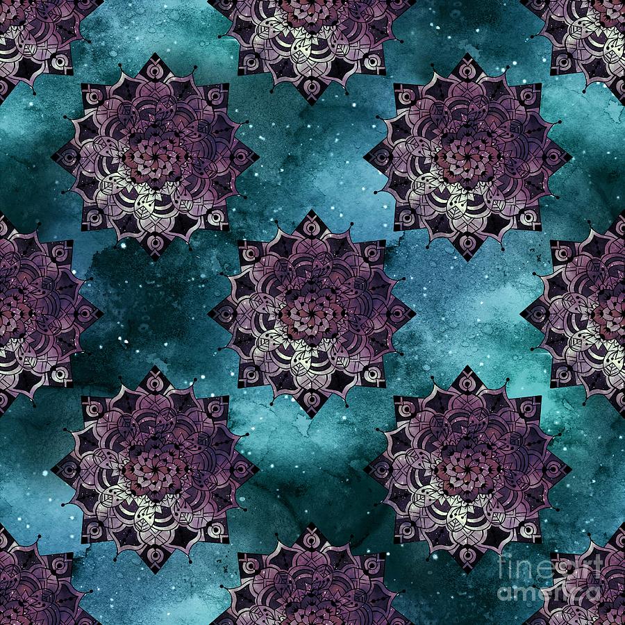Putela - Purple Teal Watercolor Mandala Galaxy Dharma Pattern Digital Art by Sambel Pedes