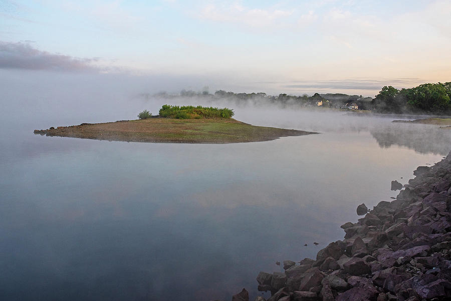 Putnamville Reservoir Danvers Massachusetts island misty morning reflection Photograph by Toby McGuire