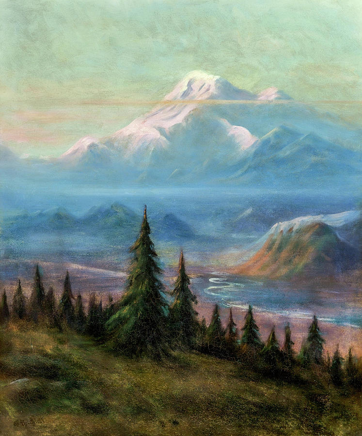 Puyallup River Valley and Mount Rainier Painting by Albert Bierstadt