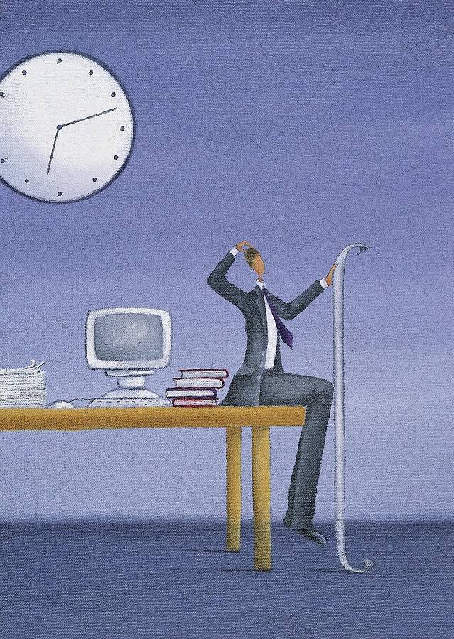 Puzzled Businessman Sitting at the Edge of a Desk Holding a Long Piece of Paper Drawing by Mandy Pritty