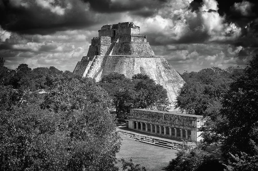 Pyramid of the Magician and Columns Group Structure at Uxmal Mexico Noir Black and White Photograph by Shawn OBrien