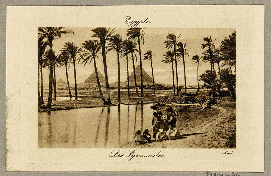 Pyramids in Egypt with an oasis in the foreground, LL, c. 1900 - in or before 1910 Painting by Artistic Rifki
