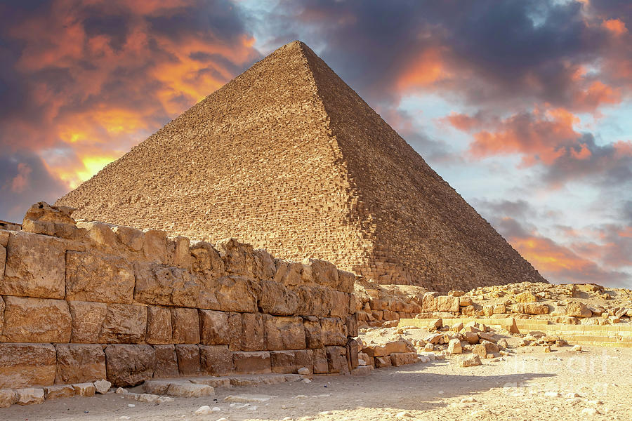 Sunset Photograph - Pyramids of Giza, Cairo, Egypt at sunset. Built by the Pharaohs as a tomb and passage to the afterlife, where they believed they would be Gods. by Jane Rix