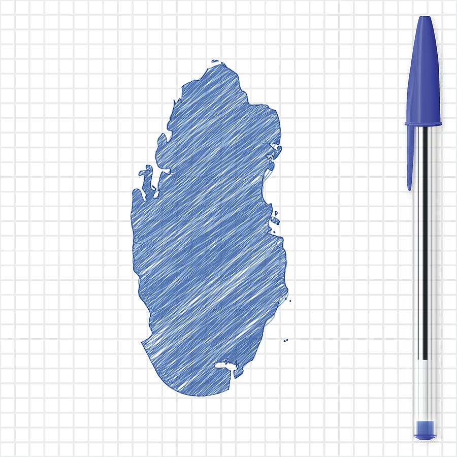 Qatar map sketch on grid paper, blue pen Drawing by Bgblue