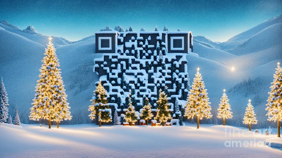 QR Code Snowy Christmas  Mountains Art - Scan QR code for a Christmas Music Video  Mixed Media by Artvizual