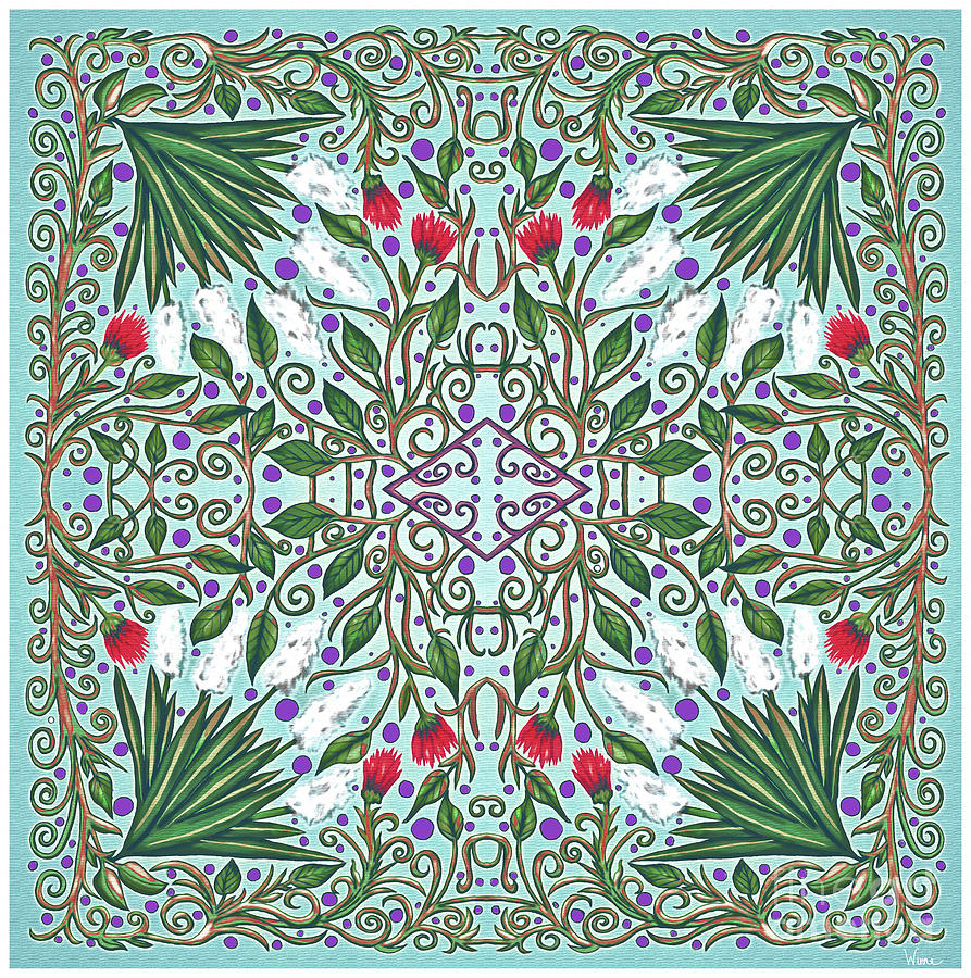 Quadrant Garden with White and Red Flowers on a Turquoise Background Mixed Media by Lise Winne