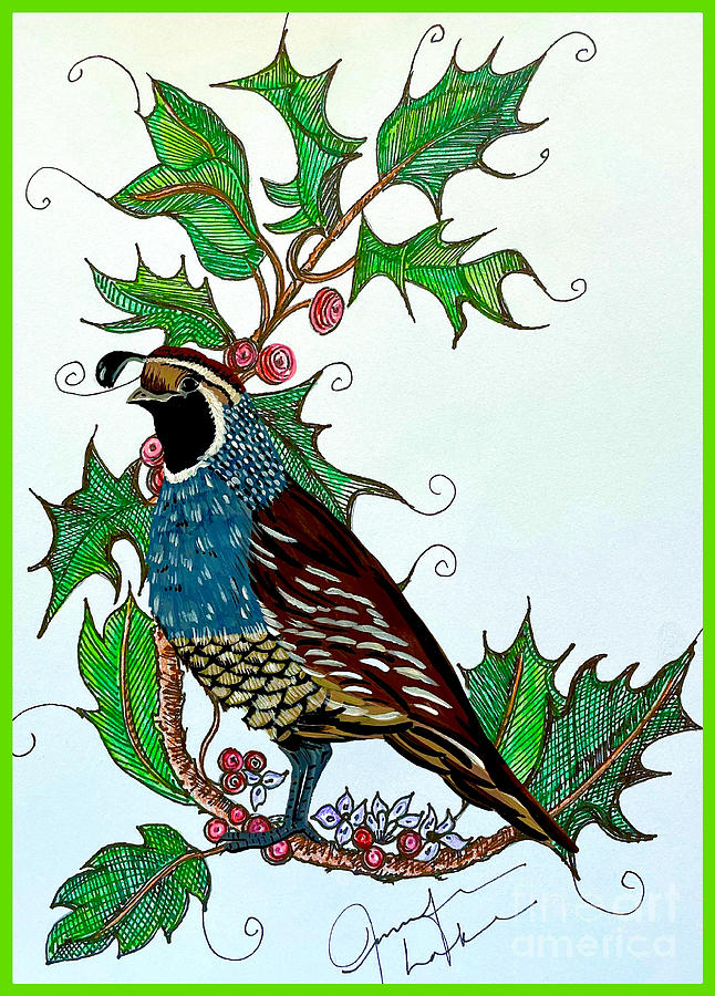 Quail in Holly Painting by Jennifer Lake