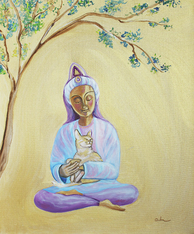 Yellow Cat Painting - Quan Yin Holding a Happy Cat by Asha Carolyn Young